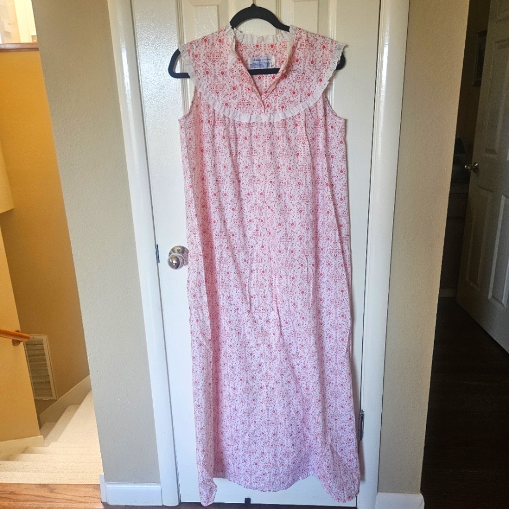 LANZ OF SALZBURG GOWN INTIMATES WHITE PURPLE HEARTS COTTON SLEEVELESS Size L